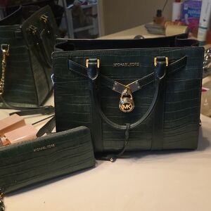 Michael Kors Dark Green Croco-Embossed Satchel with Matching Wallet